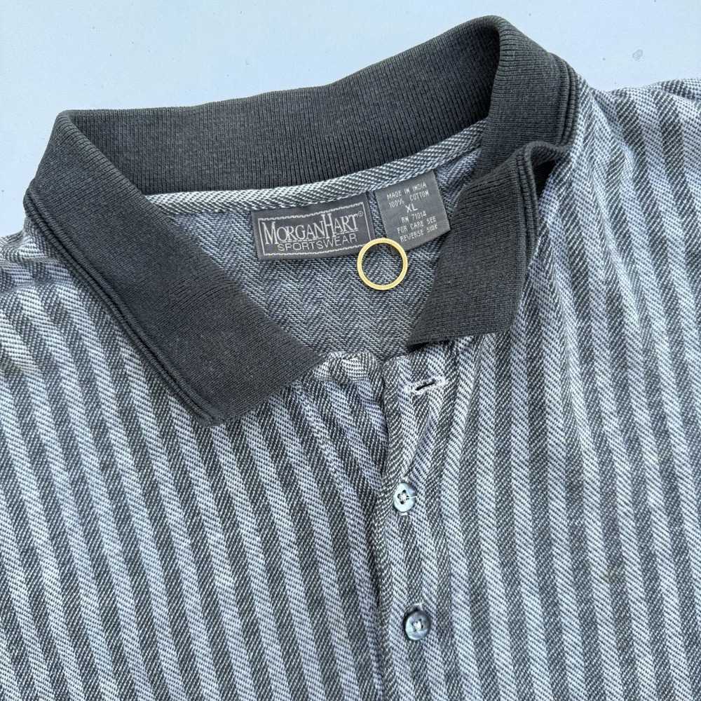 80s Vtg Morgan Hart Sportswear Gray Black HBT style Henley Longsleeve Polo Shirt